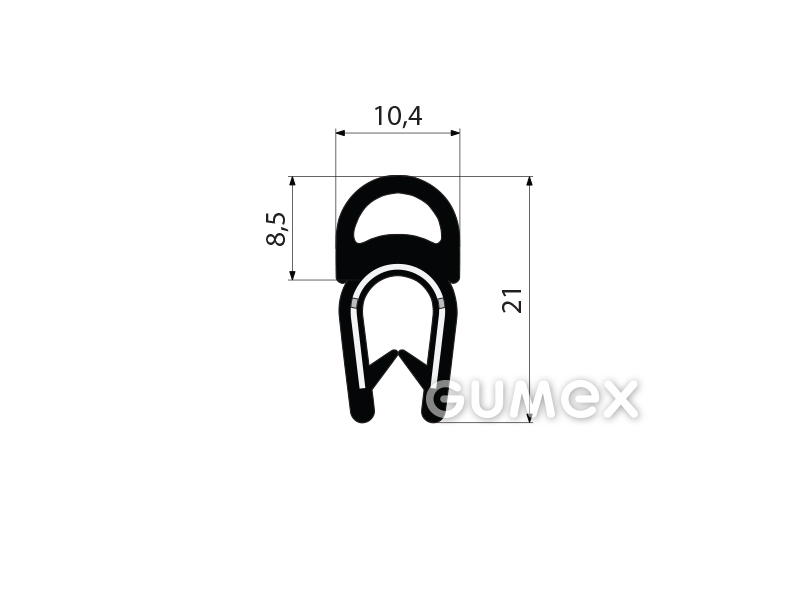 Profil U-PIRELI mit Metallverstärkung mit oberer Dichtung A1102, 78°ShA, U-PVC, Bauch-EPDM, schwarz, 
